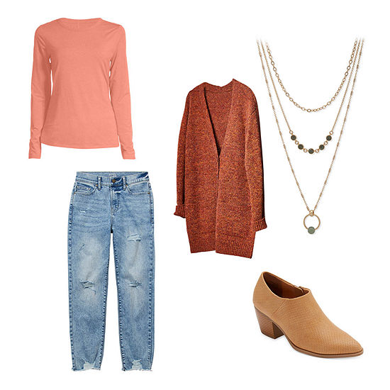 a.n.a Cardigan, Tee, Straight-Leg Jeans, Booties, Necklace