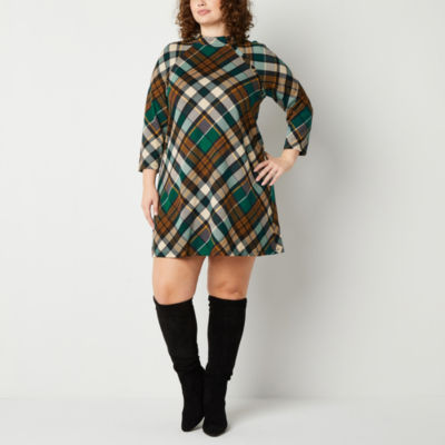 Jessica Howard Womens 3/4 Sleeve Plaid Shift Dress Plus