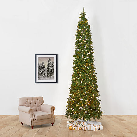 Nearly Natural Faux Slim 12 Foot Pre-Lit Pine Christmas Tree, One Size, Green