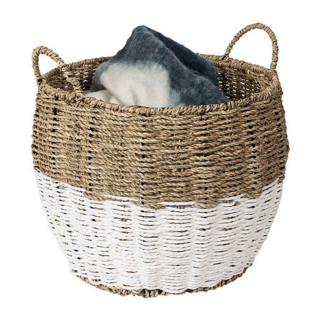 Honey-Can-Do Medium Natural And White Seagrass Round Storage Round Basket, One Size, White