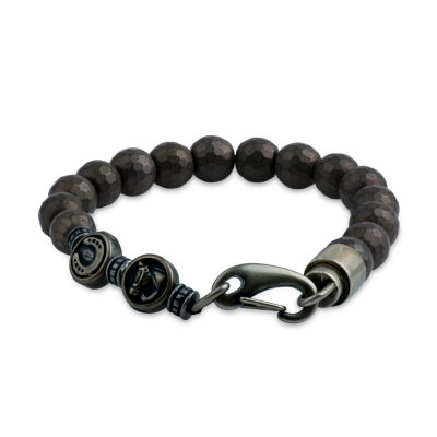 Mens Genuine Brown Hematite Stainless Steel Beaded Bracelet