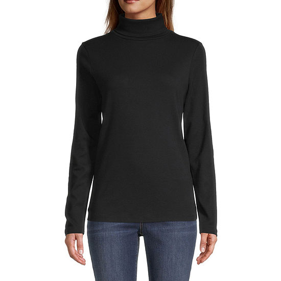 St. John's Bay Womens Turtleneck Long Sleeve T-Shirt, Color: Black ...
