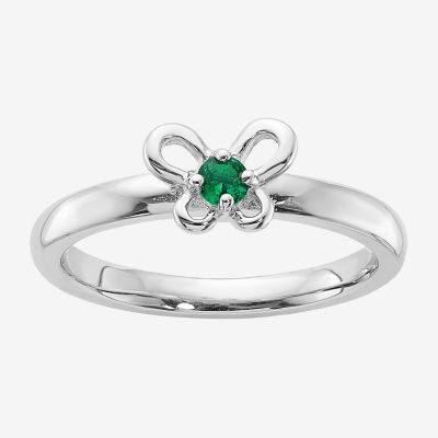 Womens Lab Created Green Emerald Sterling Silver Butterfly Stackable Ring