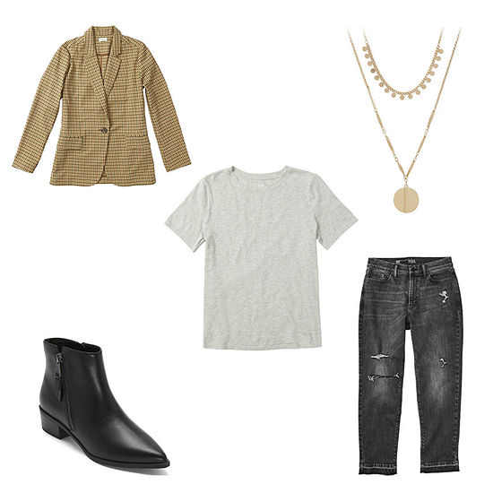 a.n.a Blazer, Crew Neck, Straight-Leg Jeans, Booties, Necklace