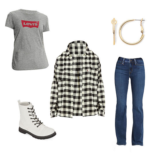 Levi's Shirt, Tee, Flare Jeans, Boots, Earrings