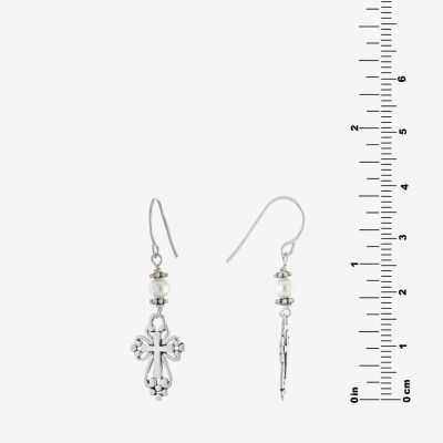 Silver Treasures Sterling Silver Cultured Freshwater Pearl Cross Drop Earrings