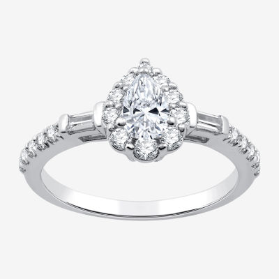 I Said Yes (H-I / I1) Womens 3/4 CT. T.W. Lab Grown White Diamond Sterling Silver Pear Side Stone Halo Engagement Ring