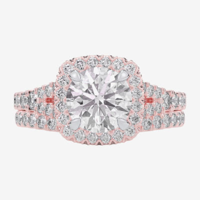 G-H / Si1-Si2) Womens CT. T.W. Lab Grown White Diamond 14K Gold Round Side Stone Halo Bridal Set