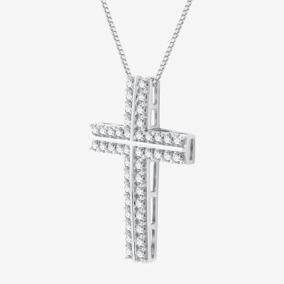 Womens / CT. T.W. Lab Grown White Diamond Sterling Silver Cross 18 Inch Pendant Necklace