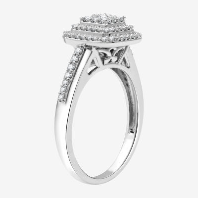 Womens 1/2 CT. T.W. Lab Grown White Diamond Sterling Silver Cushion Halo Side Stone Cocktail Ring