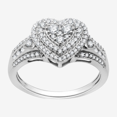 Womens 1/2 CT. T.W. Lab Grown White Diamond Sterling Silver Heart Halo Side Stone Cocktail Ring