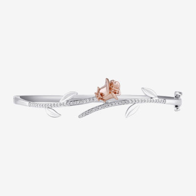 Enchanted Disney Fine Jewelry 1/4 CT. T.W. Mined White Diamond 14K Rose Gold Over Silver Sterling Silver Flower Beauty and the Beast Belle Princess Bangle Bracelet