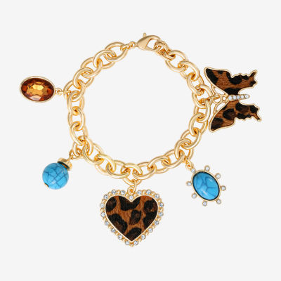 JS Jessica Simpson Gold Tone Leopard Print Womens Multi Color Glass Butterfly Heart Charm Bracelet