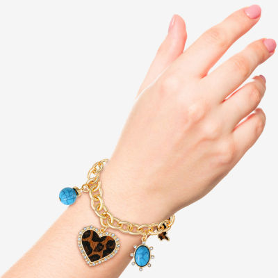 JS Jessica Simpson Gold Tone Leopard Print Womens Multi Color Glass Butterfly Heart Charm Bracelet