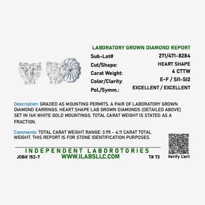 ( E-F/Si1-Si2 ) 4 CT. T.W. Lab-Grown Diamond 14K Gold 8.5mm Heart Stud Earrings