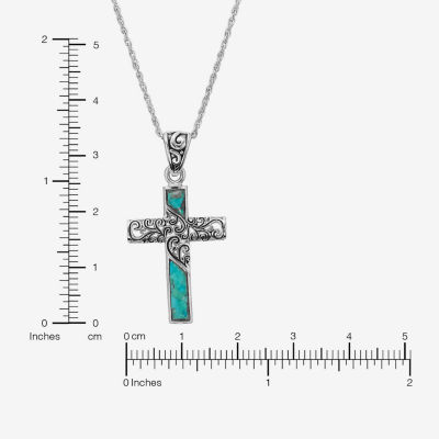 Womens Enhanced Blue Turquoise Sterling Silver Cross 18 Inch Pendant Necklace