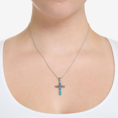Womens Enhanced Blue Turquoise Sterling Silver Cross 18 Inch Pendant Necklace