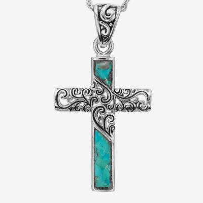 Womens Enhanced Blue Turquoise Sterling Silver Cross 18 Inch Pendant Necklace