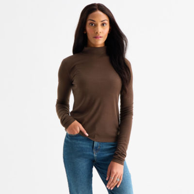 a.n.a Sheer Womens Mock Neck Long Sleeve T-Shirt - JCPenney