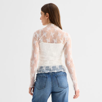 a.n.a Lace Womens Mock Neck Long Sleeve T-Shirt, Color: Snowdrift
