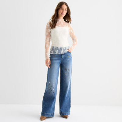 a.n.a Lace Womens Mock Neck Long Sleeve T-Shirt, Color: Snowdrift