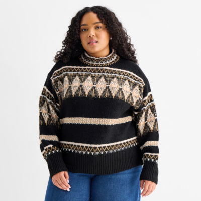 a.n.a Plus Womens Mock Neck Long Sleeve Geometric Pullover Sweater