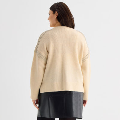 a.n.a Plus Womens Crew Neck Embellished Long Sleeve Pullover Sweater
