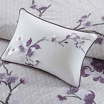 Gray/Purple Jasmine Watercolor Floral Duvet Cover Set Queen 6pc