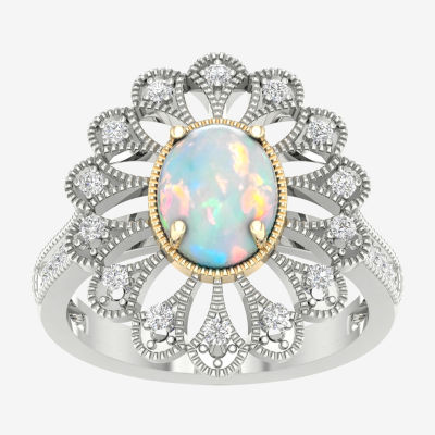 Womens Lab Created Multi Color Opal 10K White Gold Sterling Silver Cocktail Ring