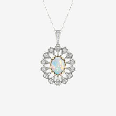 Womens Lab Created Multi Color Opal 10K White Gold Sterling Silver Flower Pendant Necklace