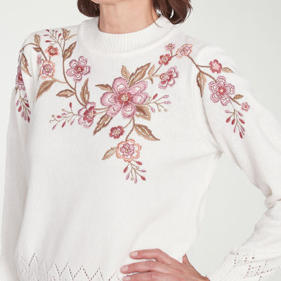 Alfred Dunner Telluride Womens Mock Neck Long Sleeve Floral Pullover Sweater