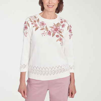 Alfred Dunner Telluride Womens Crew Neck Long Sleeve Floral Pullover Sweater