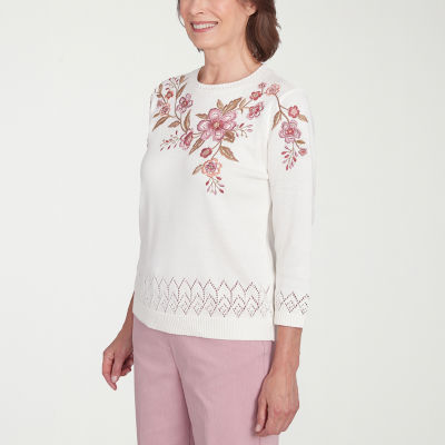 Alfred Dunner Telluride Womens Crew Neck Long Sleeve Floral Pullover Sweater