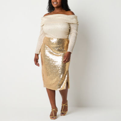 Premier Amour Sequin Womens Plus Midi Pencil Skirt