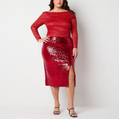 Premier Amour Sequin Womens Plus Midi Pencil Skirt