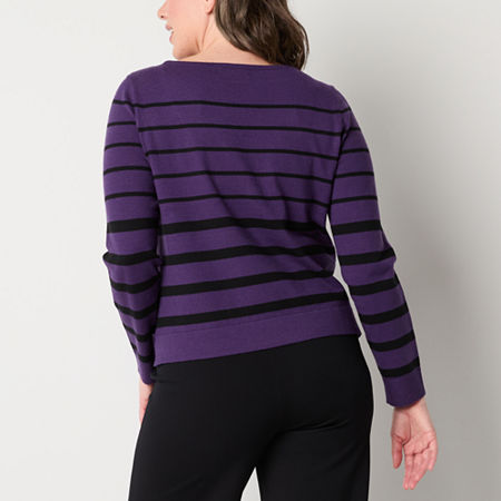 Liz Claiborne Womens Boat Neck Long Sleeve Striped Pullover Sweater, Petite Large, Purple