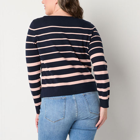 Liz Claiborne Womens Boat Neck Long Sleeve Striped Pullover Sweater, Petite Medium, Blue