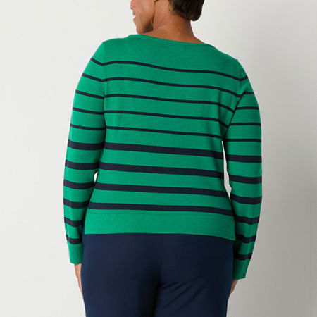 Liz Claiborne Womens Boat Neck Long Sleeve Striped Pullover Sweater, Petite X-small, Green