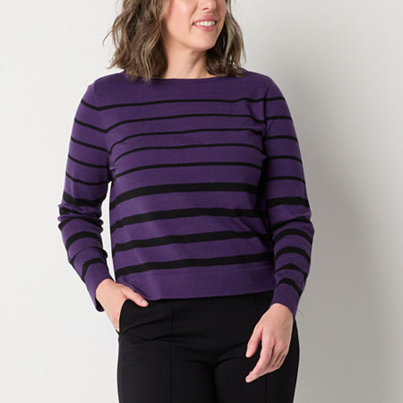 Liz Claiborne Womens Boat Neck Long Sleeve Striped Pullover Sweater, Petite Large, Purple