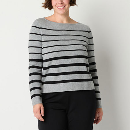 Liz Claiborne Womens Boat Neck Long Sleeve Striped Pullover Sweater, Petite Large, Gray