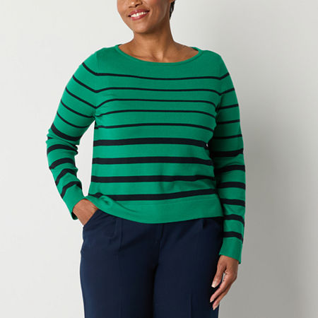 Liz Claiborne Womens Boat Neck Long Sleeve Striped Pullover Sweater, Petite X-small, Green