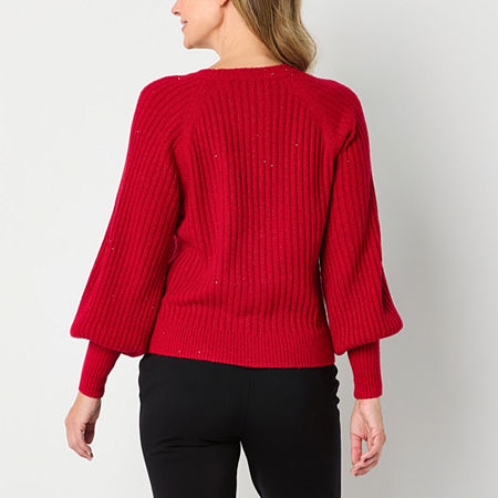 Liz Claiborne Womens Crew Neck Long Sleeve Pullover Sweater, Petite Medium, Red