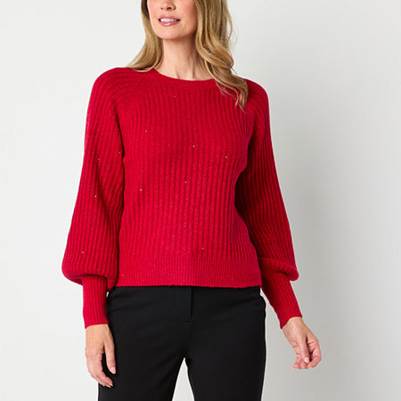 Liz Claiborne Womens Crew Neck Long Sleeve Pullover Sweater, Petite Medium, Red