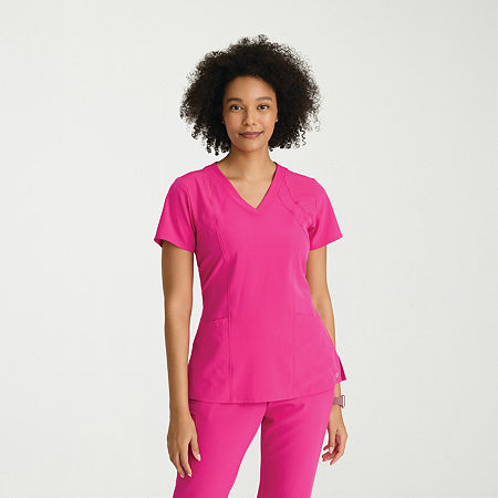 Barco One 5105 Racer 4-Pocket Womens V Neck Short Sleeve Tag Free Stretch Fabric Moisture Wicking Scrub Top, X-large, Pink