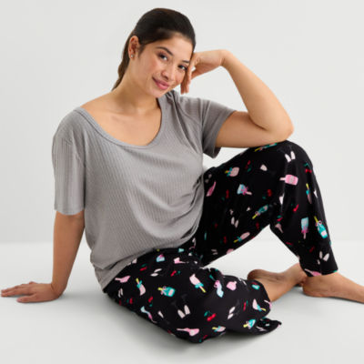 Sleep Chic Womens Rib Round Neck Short Sleeve Plus Pajama Top