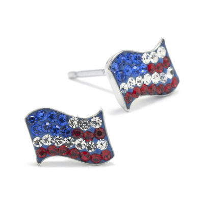 Silver Treasures American Flag Crystal Sterling Silver 7.8mm Stud Earrings