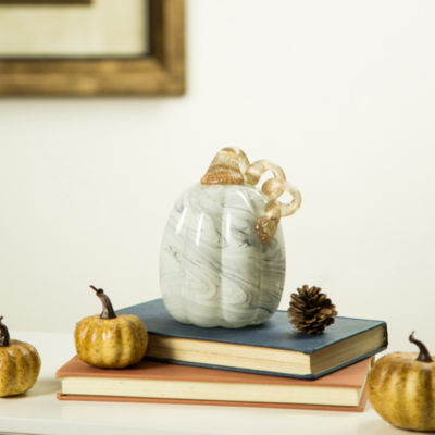 Glitzhome Gray Marble Tall Glass Pumpkin Thanksgiving Tabletop Decor