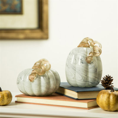 Glitzhome Gray Marble Tall Glass Pumpkin Thanksgiving Tabletop Decor