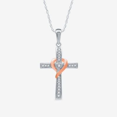 Limited Time Special! Womens 1/10 CT. T.W. Genuine White Diamond 14K Rose Gold Over Silver Sterling Silver Cross Heart Pendant Necklace