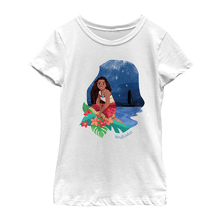 Disney Collection Little & Big Girls Crew Neck Short Sleeve Moana Graphic T-Shirt, X-small, White